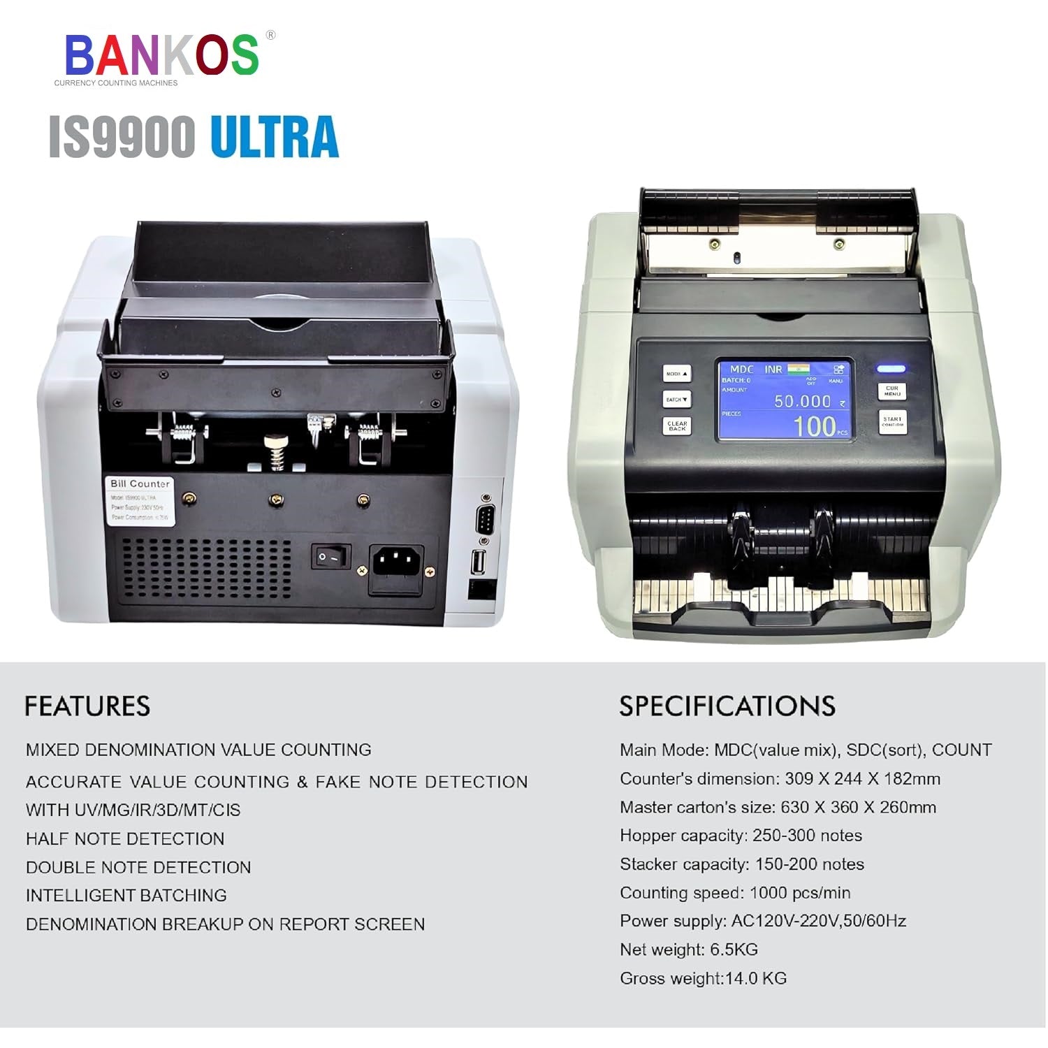 Bankos - 9900 Ultra - CIS Mix Value Note Counting Machine with Touch Screen - Perfect Computer Agencies